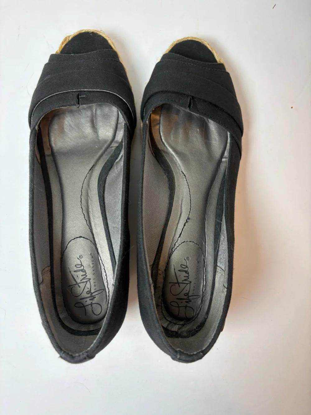 Life Stride Black Peep-Toe Espadrilles Wedge Heels Size 7
